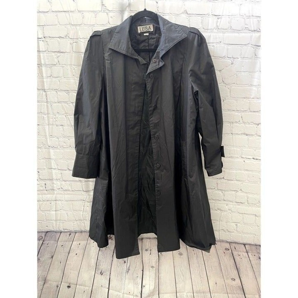 Luba Vintage Black Trench Coat Women  Longline Button Front Epaulets Jacket